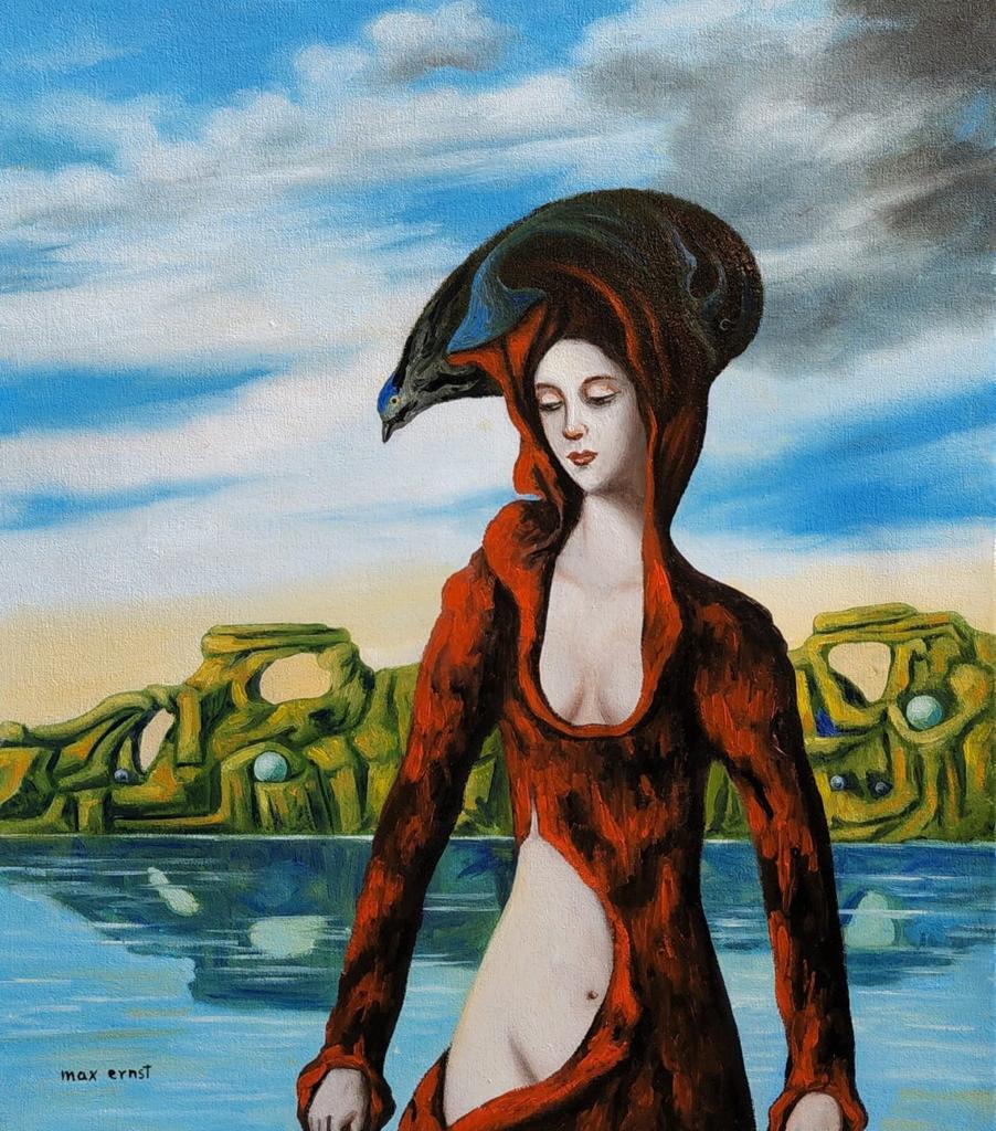 Max Ernst (Oil on Canvas Painting ) in the style of: Max Ernst appears in Lower Left of the painting. Rendered in the style of Rene Magritte. Technique: Oil on Canvas Painting Painting. Measures: 16 x 14 1/4 Inches. Provenance: Private collection. This