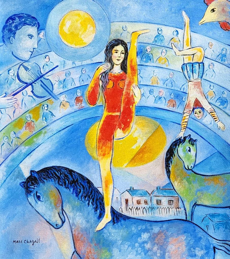 Marc Chagall (Oil on Canvas Painting ) in the style of: Marc Chagall appears in Lower Left. Rendered in the Cubist style of Marc Chagall. Technique: Oil on Canvas Painting. Measures: 17 x 15 Inches. Provenance: private collector .A Certificate Accompanies