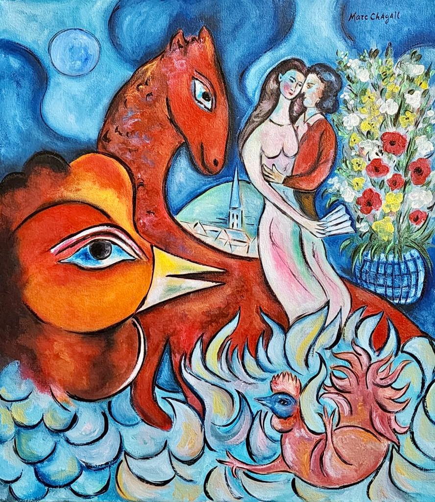 Marc Chagall (Oil on Canvas Painting ) in the style of: Marc Chagall appears in Upper Right. Rendered in the Cubist style of Marc Chagall. Technique: Oil on Canvas Painting. Measures: 16 x 14 Inches. Provenance: private collector .A Certificate Accompanies