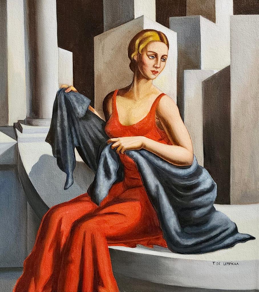 Tamara de Lempicka (Oil on Canvas Painting ) in the style of: Tamara de Lempicka appears at the Lower Left of of the painting. Rendered in the modern style of Tamara de Lempicka. Measures: 16 x 14 Inches.Provenance:Private Collection. This is not a Reproduction