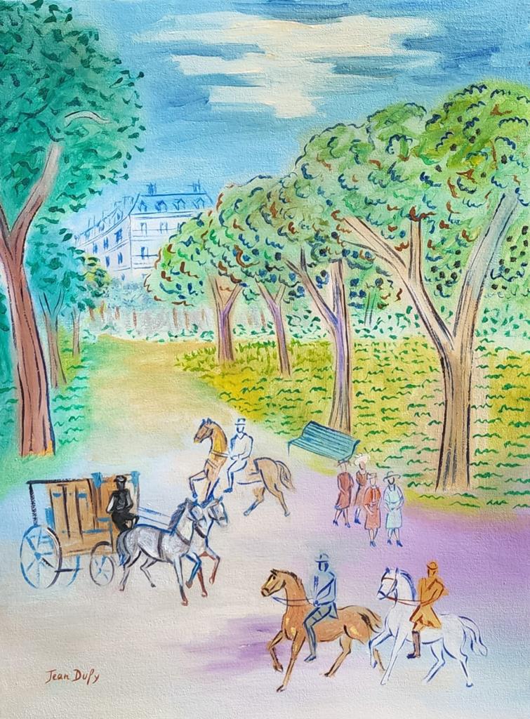Jean Dufy ( Oil on canvas Painting ) in the style: Jean Dufy appears in the lower left of the painting. Rendered in the style of Jean Dufy . Technique:Oil on canvas Painting. Measures: 16 x 12 Inches. Provenance: Private Collection. This is not a Repr