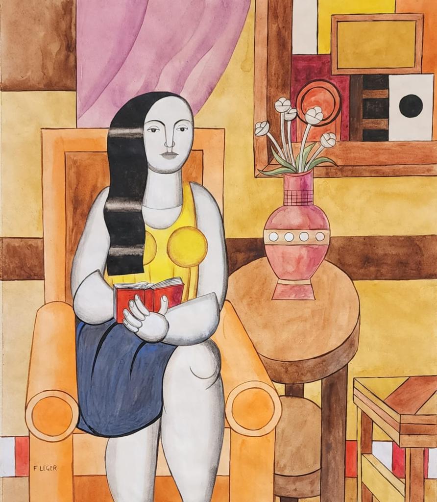 Fernand Leger ( Watercolor on Paper Painting ) in the style of: Fernand Leger appears in the lower Left of the painting. Rendered in the style of Fernand Leger . Technique: Watercolor on Paper Painting. Measures: 16 x 14 Inches. Provenance: Private Collection. Thi