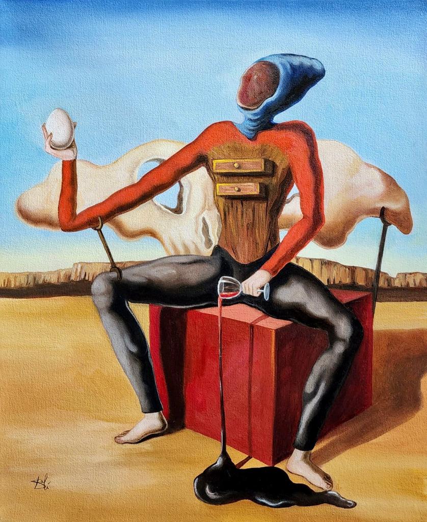 Salvador Dali (Oil on Canvas Painting ) in the style of: Dali appears at the Lower Left of the painting .Rendered in the surrealist style of Salvador Dali. Technique: Oil on canvas Painting. Measures: 16 x 13 Inches. Provenance: Private Collection. This Pie