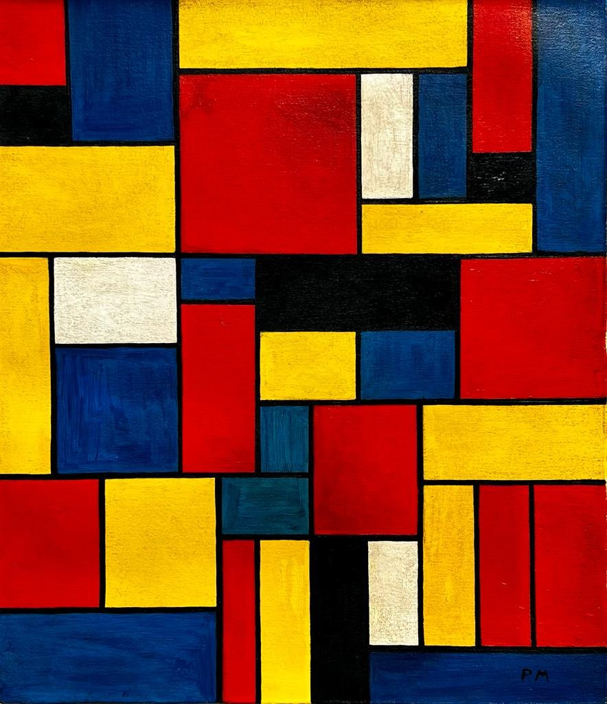 Piet Mondrian (Oil on Canvas Painting ) in the style of: Piet Mondrian at the Lower Right of the painting .Rendered in the Abstract style of Piet Mondrian. Technique: Oil on canvas Painting. Measures: 15 x 13 Inches. Provenance: Private Collection. Art come
