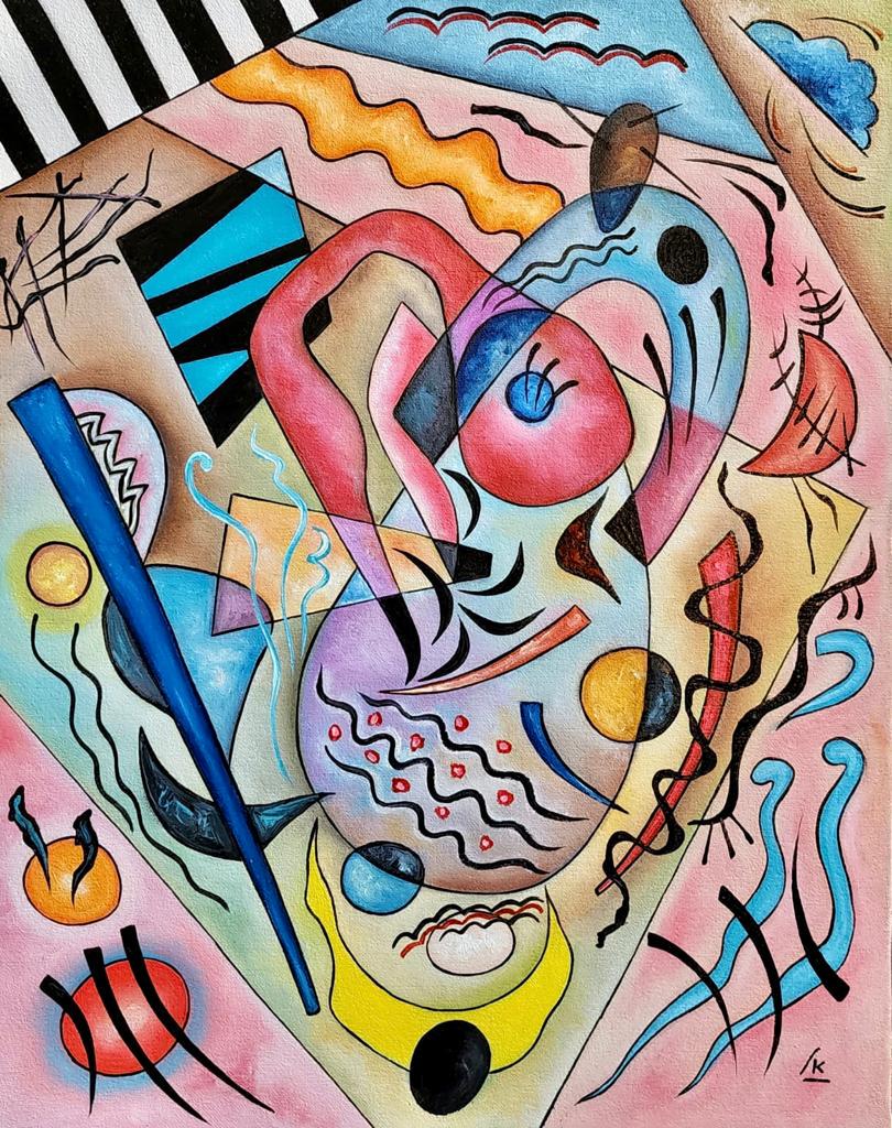 Wassily Kandinsky ( Oil on Canvas Painting ) in the style of: Kandinsky appears in Lower Right. Rendered in the style of Wassily Kandinsky. Technique: Oil on canvas Painting. Measures: 15 x 12 Inches. Provenance:Private Collection. This is not a Reproduction or 