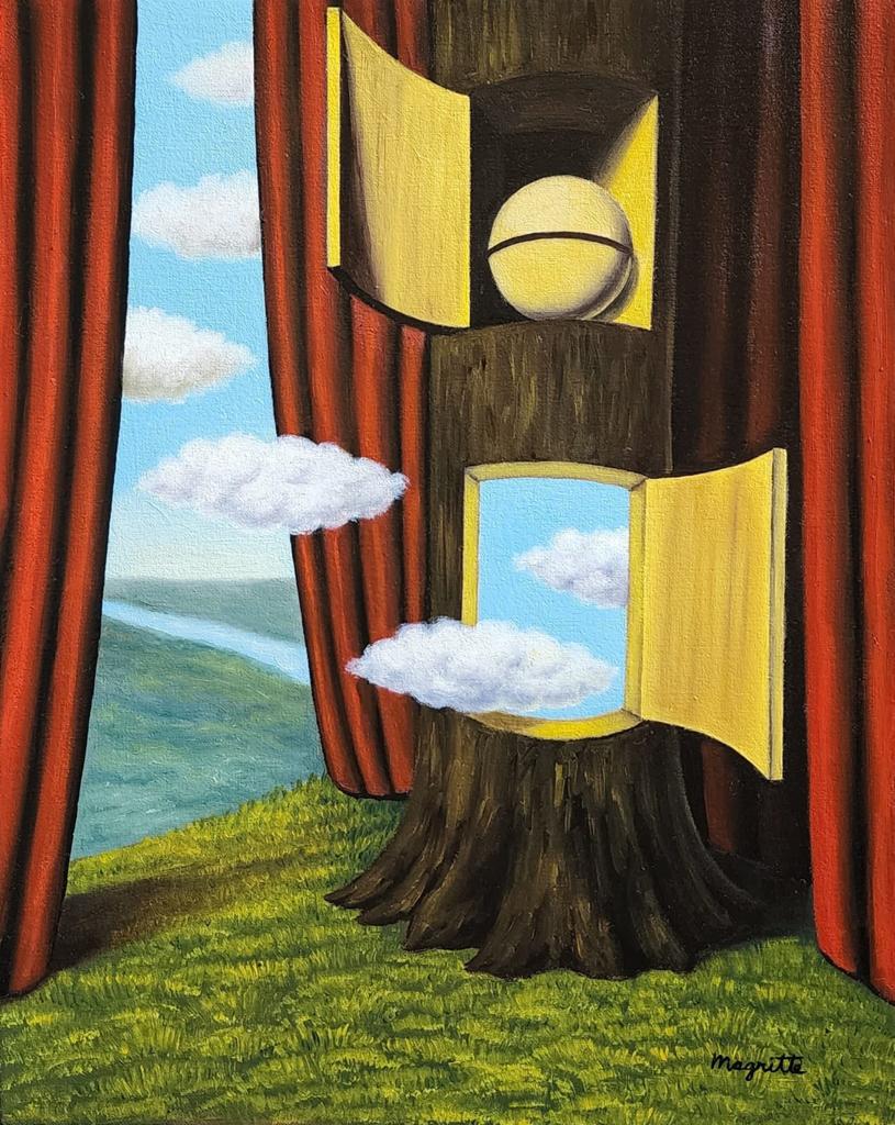 Rene Magritte ( Oil on Canvas Painting ) in the style of: Rene Magritte Appears at the Lower Right of the Painting. Rendered in the style of Rene Magritte. Technique: Oil on canvas Painting. Measures: 15 x 12 Inches. Provenance:Private Collection. This is no