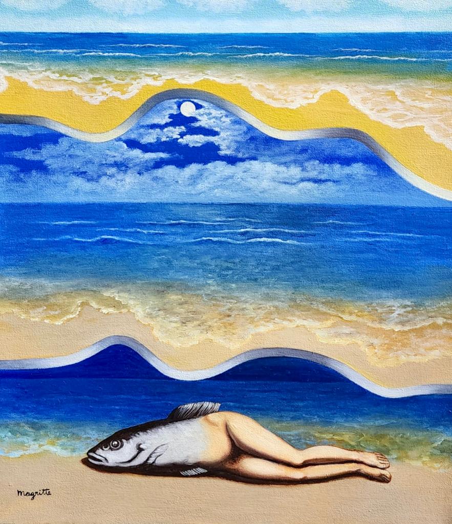 Rene Magritte ( Oil on Canvas Painting ) in the style of: Rene Magritte Appears at the Lower Left of the Painting. Rendered in the style of Rene Magritte. Technique: Oil on canvas Painting. Measures: 16 x 14 Inches. Provenance:Private Collection. This is not