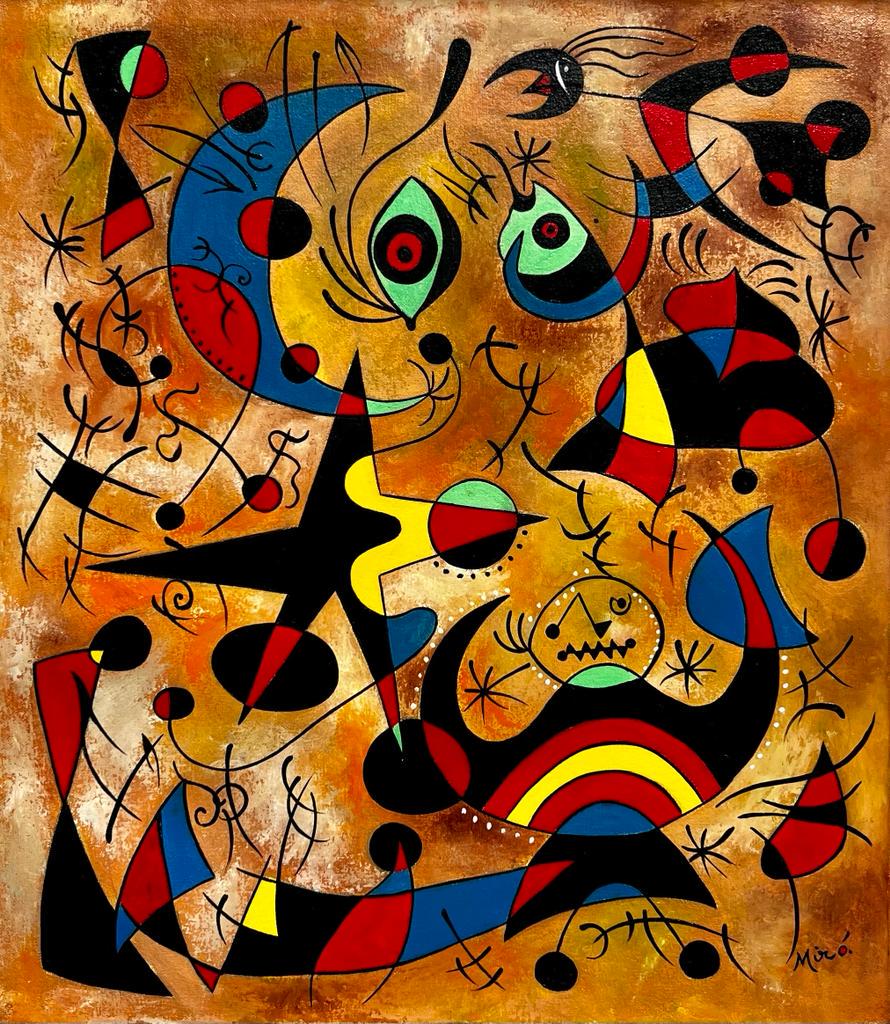Joan Miro ( Oil on Canvas Painting ) in the style of: Miro appears at the Lower Right of the painting. Rendered in the surrealist style of Joan Miro. Technique: Oil on Canvas Painting. Measures: 16 x 14 Inches. Provenance: Private Collection Spain.A Cert