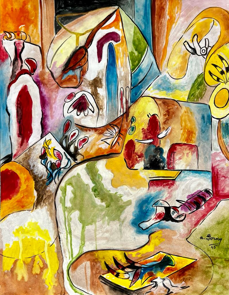 Arshile Gorky (Mixed Media on Paper Painting) in the style of: Arshile Gorky 45 appears at the Lower Right of the painting .Rendered in the style of Arshile Gorky. Technique: Mixed Media on Paper Painting. Measures: 13 1/2 x 10 1/2 Inches. Provenance:Private Coll