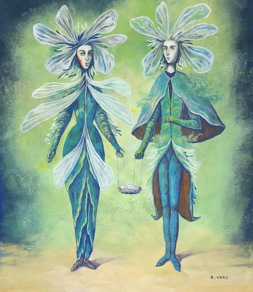 Remedios Varo (Watercolor on Paper Painting) in the style of: Remedios Varo appears at the Lower Right of the painting .Rendered in the style of Remedios Varo . Technique: Watercolor on paper Painting. Measures: 16 x 14 Inches. Provenance:Private Collection. Thi