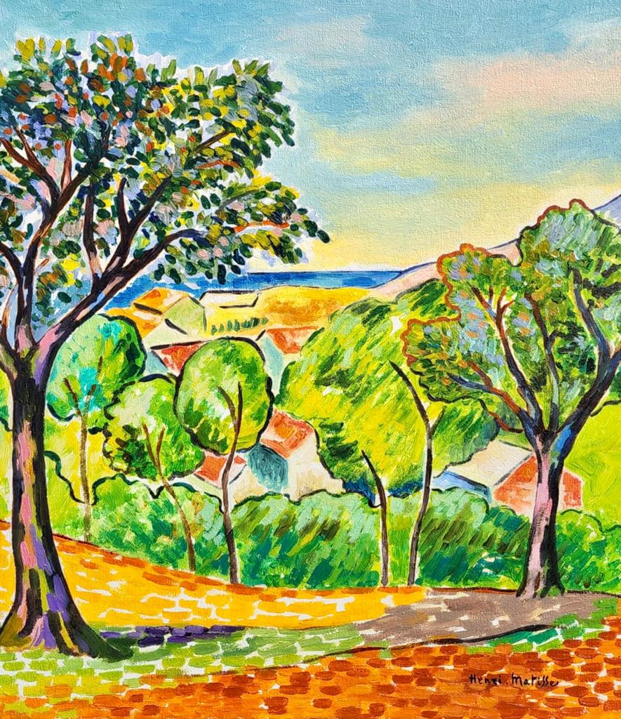 Henri Matisse (Oil on Canvas Painting) in the style of: Henri Matisse appears at the Lower Right of the painting .Rendered in the style of Henri Matisse . Technique: Oil on Canvas Painting. Measures: 16 x 14 Inches. Provenance:Private Collection. This is n