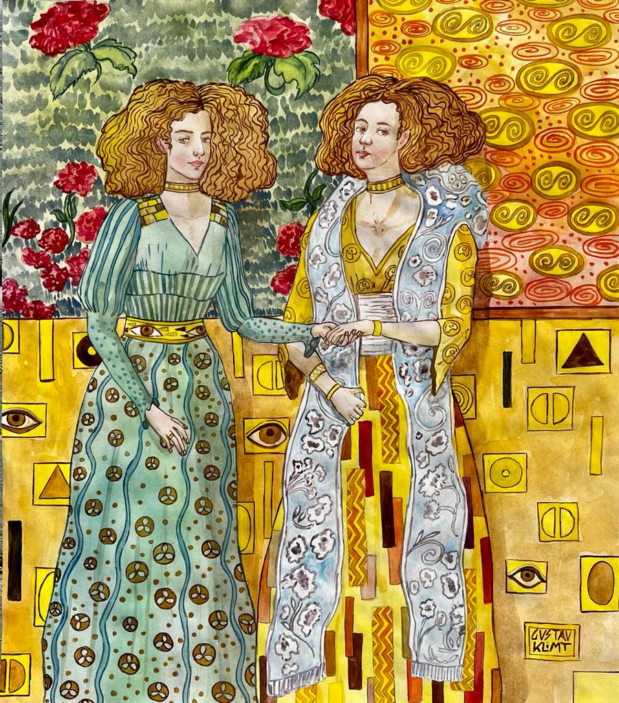 Gustav Klimt (Watercolor on Paper Painting) in the style of: Gustav Klimt appears at the Lower Right of the painting .Rendered in the style of Gustav Klimt . Technique: Oil on Canvas Painting. Measures: 15 x 13 Inches. Provenance:Private Collection. This is not