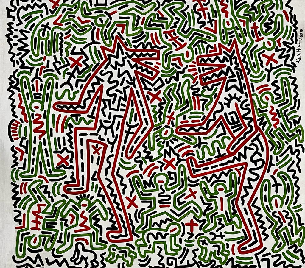 Keith Haring Acrylic on Canvas Painting) in the style of: Keith Haring appears at the Upper Right Margin of the painting .Rendered in the style of Keith Haring . Technique: Acrylic on Canvas Painting. Measures: 35 x 39 Inches. Provenance:Private Collection. 
