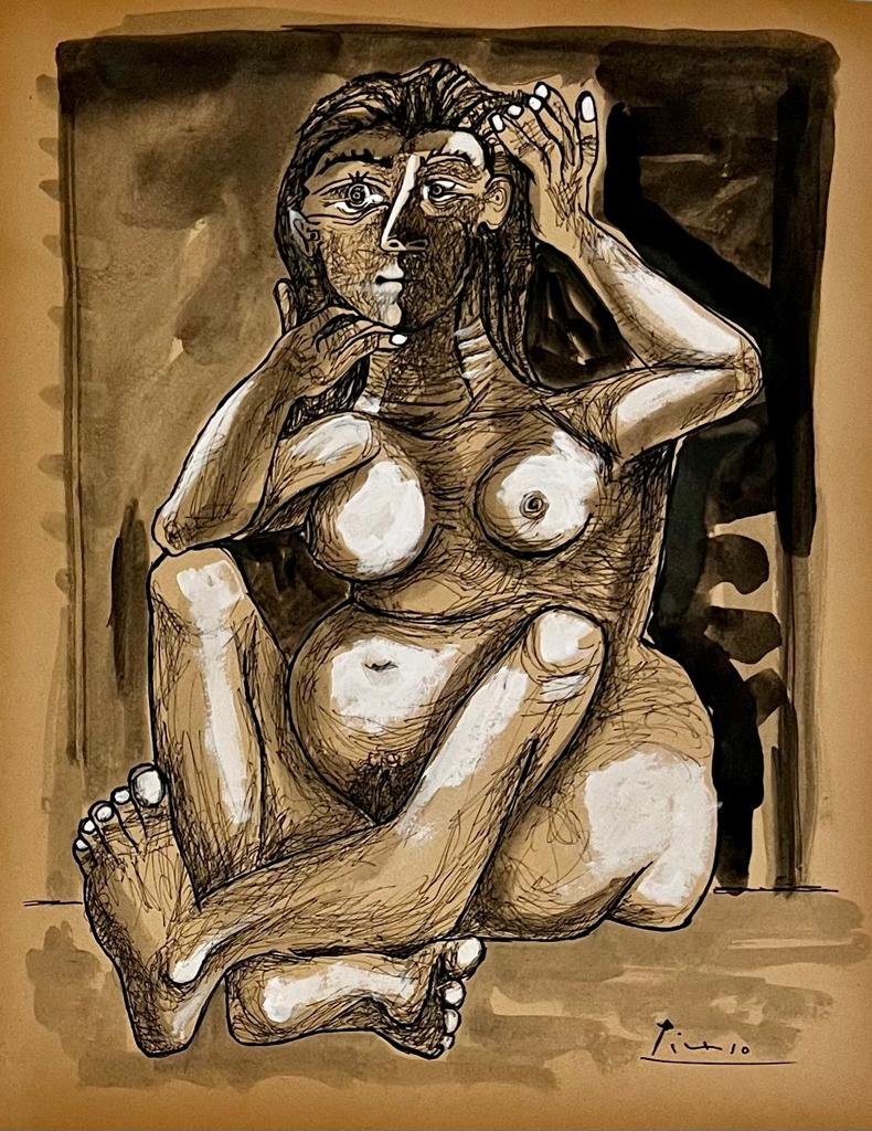 Pablo Picasso (Mixed Media on Paper Painting) in the style of: Picasso appears at the lower Right. Rendered in the cubist style of Pablo Picasso. Technique: Mixed media on paper. Measures: 14 x 10 1/2 Inches. Provenance: Private Collection. This Painting is Accom