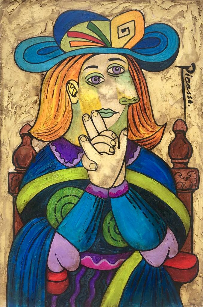 Pablo Picasso (Oil on Canvas Painting) in the style of: Picasso appears in the Right side of the painting. Rendered in the cubist style of Pablo Picasso. Technique: Oil on Canvas. Measures: 23 x 15 Inches. Provenance: Private Collection. This Painting is A