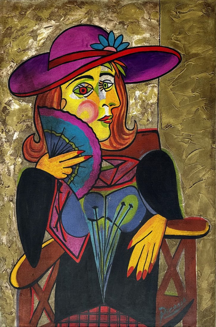 Pablo Picasso (Oil on Canvas Painting) in the style of: Picasso appears in the lower Right of the painting. Rendered in the cubist style of Pablo Picasso. Technique: Oil on Canvas. Measures: 23 1/2 x 15 1/2 Inches. Provenance: Private Collection. This Pain
