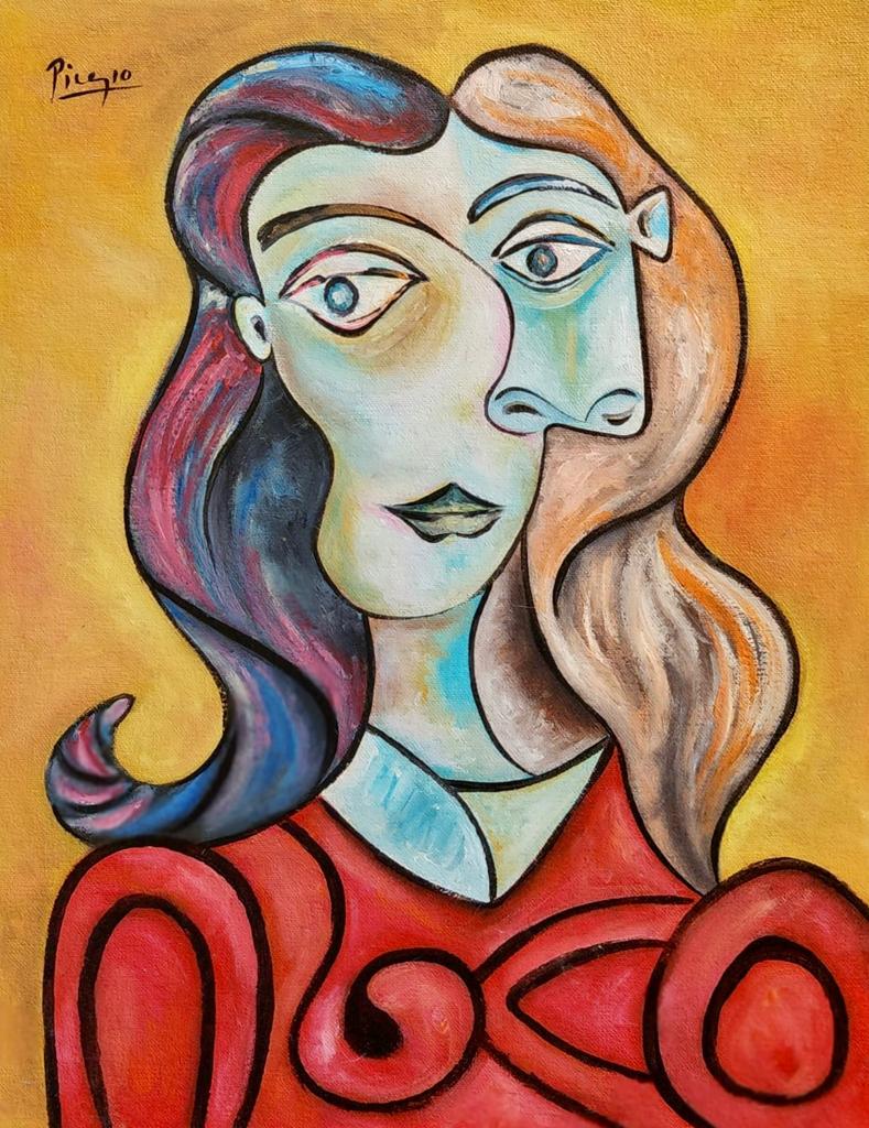 Pablo Picasso (Oil on Canvas Painting) in the style of: Picasso appears in the upper Left of the painting. Rendered in the cubist style of Pablo Picasso. Technique: Oil on Canvas. Measures: 13 x 10 Inches. Provenance: Private Collection. This Painting is A