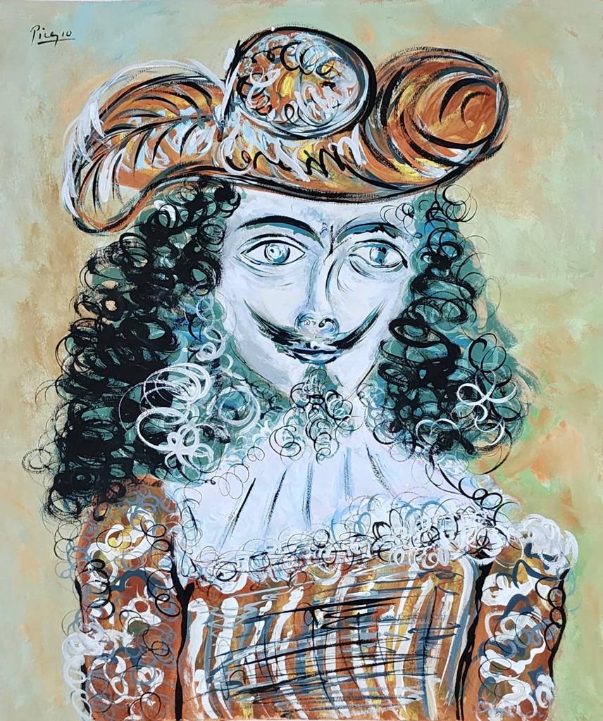 Pablo Picasso (Gouache on Paper Painting) in the style of: Picasso appears in the Upper Left of the painting. Rendered in the cubist style of Pablo Picasso. Technique: Gouache on Paper Painting. Measures: 16 1/2 x 14 Inches. Provenance: Private Collection. Th