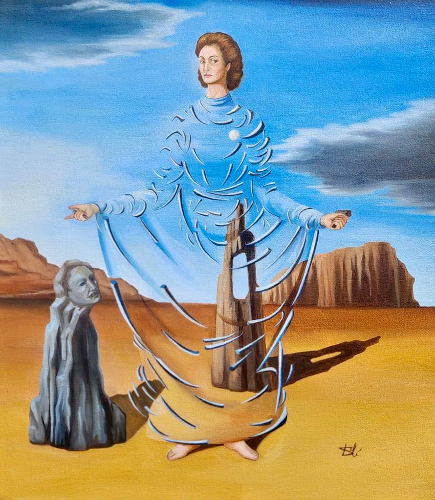 Salvador Dali (Oil on Canvas Painting ) in the style of: Dali appears in the Lower Right of the painting.Rendered in the surrealist style of Salvador Dali. Technique: Oil on canvas Painting. Measures: 15 x 13 Inches. Provenance: Private Collection in Spain.