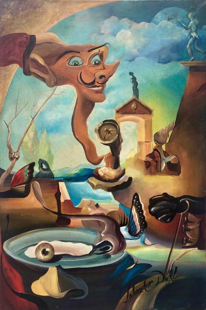 Salvador Dali (Oil on Canvas Painting ) in the style of: Dali appears in the Lower Right of the painting.Rendered in the surrealist style of Salvador Dali. Technique: Oil on canvas Painting. Measures: 23 1/2 x 15 1/2 Inches. Provenance: Private Collection i