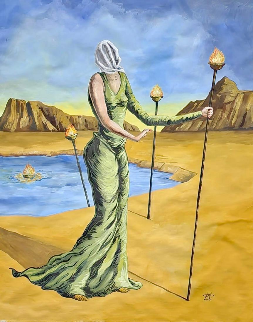 Salvador Dali (Gouache on Paper Painting ) in the style of: Dali appears in the Lower Right of the painting.Rendered in the surrealist style of Salvador Dali. Technique: Oil on canvas Painting. Measures: 20 x 16 Inches. Provenance: Private Collection in Spain.