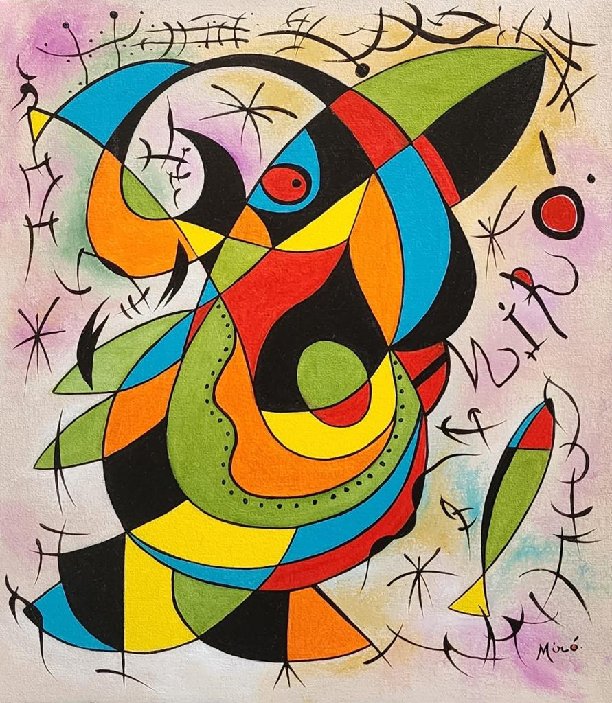 Joan Miro ( Oil on Canvas Painting ) in the style of: Miro appears in the Lower right of the painting. Rendered in the surrealist style of Joan Miro. Technique: Oil on Canvas Painting. Measures: 16 x 14 Inches. Provenance: Private Collection Spain.A Cert