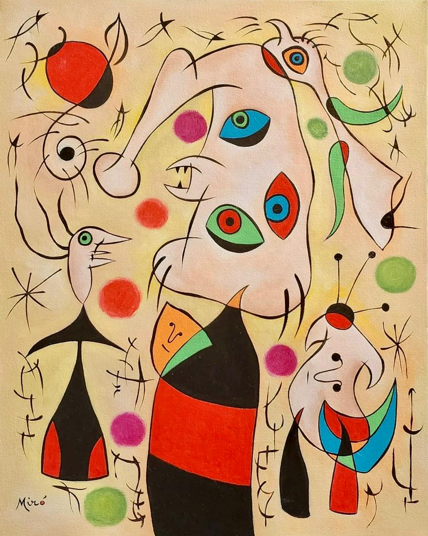 Joan Miro ( Oil on Canvas Painting ) in the style of: Miro appears in the Lower Left of the painting. Rendered in the surrealist style of Joan Miro. Technique: Oil on Canvas Painting. Measures: 20 x 16 Inches. Provenance: Private Collection Spain.A Certi