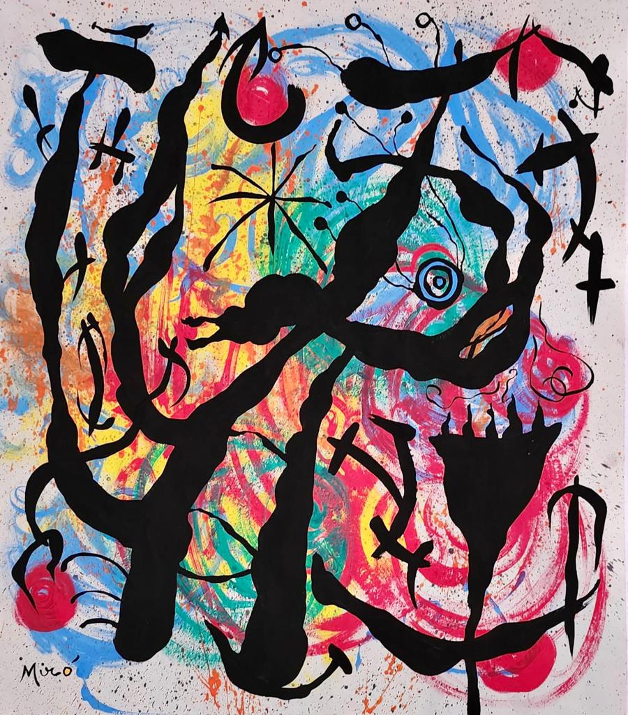 Joan Miro (Gouache on Paper Painting ) in the style of: Miro appears in the Lower Left of the painting. Rendered in the surrealist style of Joan Miro. Technique: Gouache on Paper Painting. Measures: 15 1/2 x 13 1/2 Inches. Provenance: Private Collection Sp