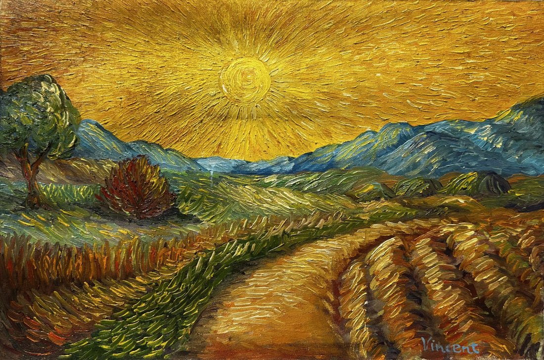 Vincent van Gogh (Oil on Canvas painting) In The Style Of: Vincent appears in the Lower Right of the painting. Rendered in the style of Vincent van Gogh. Technique: Oil on Canvas painting. Measures: 15 x 23 Inches. Provenance: Private collection.This is not a