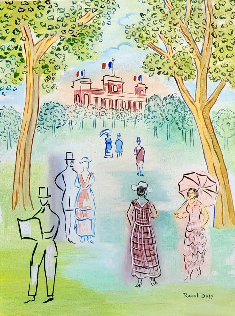 Raoul Dufy (Oil on Canvas Painting) in the style of: Raoul Dufy appears at the Lower Right of the painting .Rendered in the style of Raoul Dufy . Technique: Oil on Canvas Painting. Measures: 16 x 12 Inches. Provenance:Private Collection. This is not a R