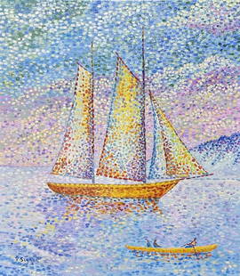 Paul Signac (Oil on Canvas Painting) in the style of: Paul Signac appears at the Lower Left of the painting .Rendered in the style of Paul Signac . Technique: Oil on Canvas Painting. Measures: 16 x 14 Inches. Provenance:Private Collection. This is not a