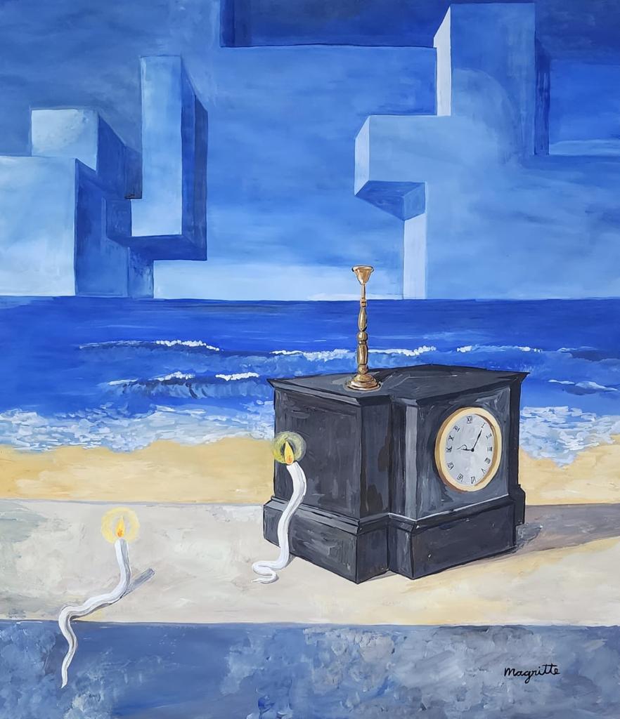 Rene Magritte ( Gouache on Paper Painting ) in the style of: Rene Magritte appears in Lower Right of the painting. Rendered in the style of Rene Magritte. Technique: Gouache on Paper Painting. Measures: 17 x 15 Inches. Provenance: Private collection.A Certifica