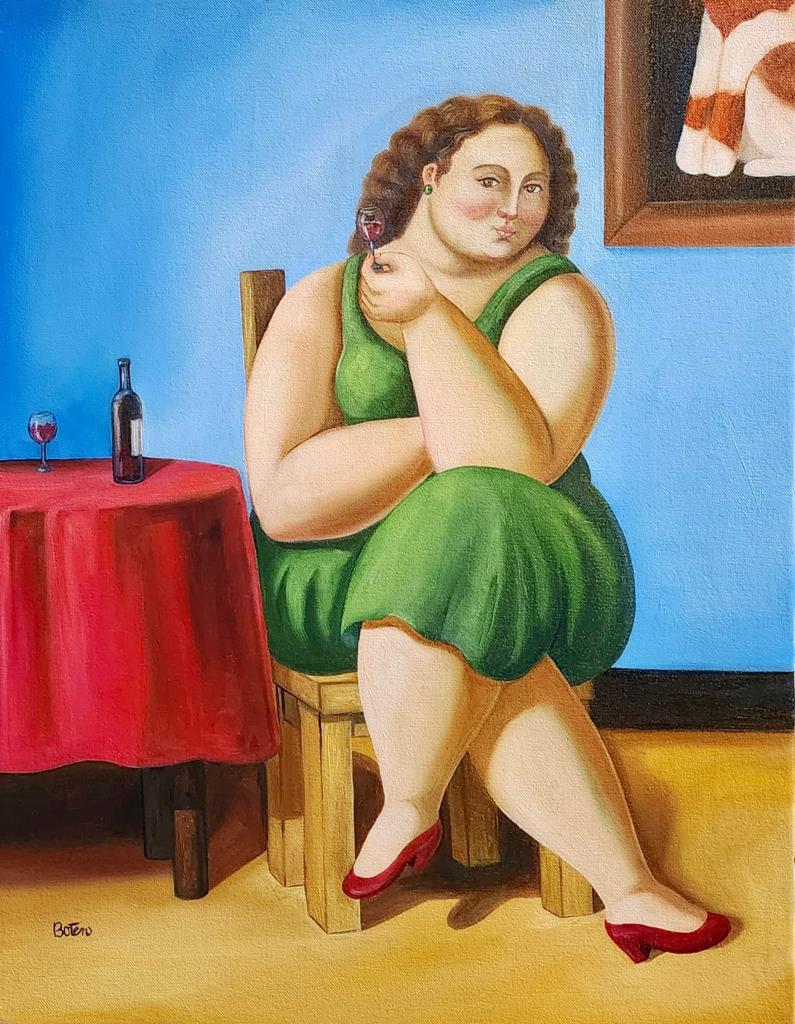 Fernando Botero (Oil on Canvas Painting) in the style of: Fernando Botero appears at the Lower Left of the painting .Rendered in the style of Fernando Botero . Technique: Oil on Canvas Painting. Measures: 18 x 14 Inches. Provenance:Private Collection. This i