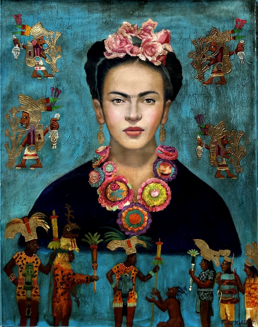 Frida Kahlo (Oil on Canvas Painting) in the style of: Frida Kahlo appears at the Lower Right of the painting .Rendered in the style of Frida Kahlo . Technique: Oil on Canvas Painting. Measures: 35 x 27 1/2 Inches. Provenance:Private Collection. This is n