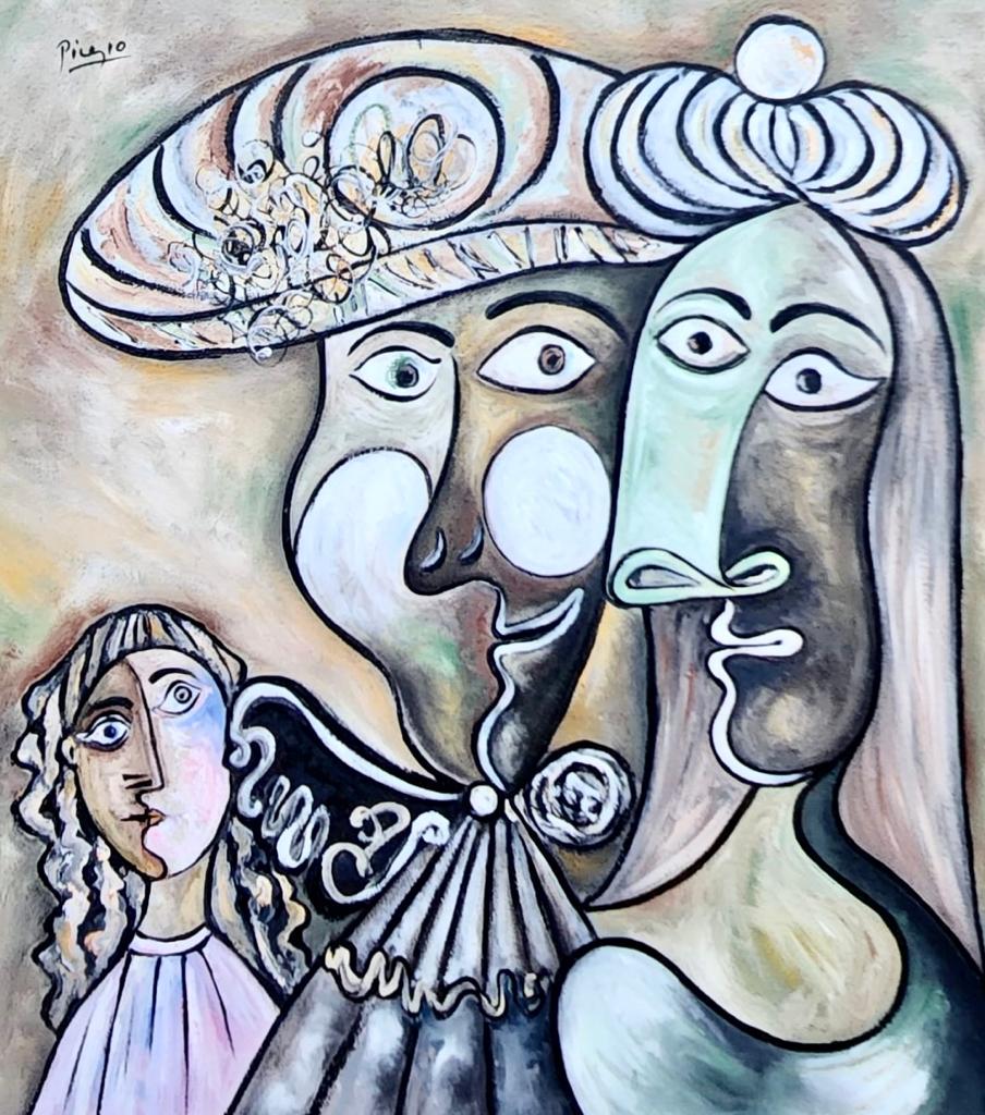 Pablo Picasso Spanish (Oil on Canvas Painting) in the style of: Picasso appears in the Upper Left of the painting. Rendered in the cubist style of Pablo Picasso. Technique: Oil on Canvas. Measures: 16 x 14 Inches. Provenance:Private Collection France Acquired in 1