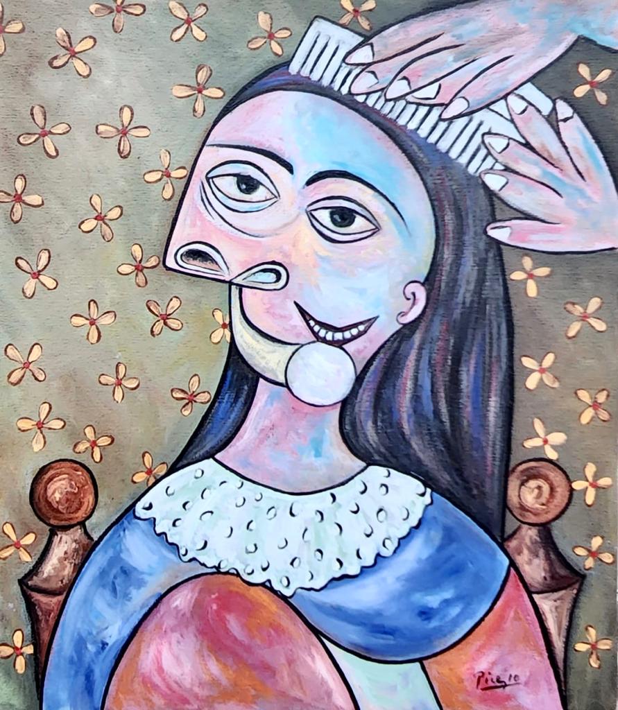 Pablo Picasso Spanish (Oil on Canvas Painting) in the style of: Picasso appears in the Lower Right of the painting. Rendered in the cubist style of Pablo Picasso. Technique: Oil on Canvas. Measures: 15 x 13 Inches. Provenance:Private Collection France Acquired in 
