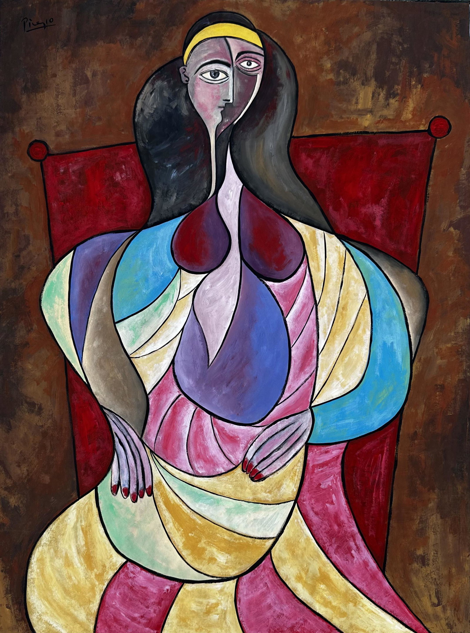 Pablo Picasso Spanish (Gouache on Paper Painting) in the style of: Picasso appears in the Upper Left of the painting. Rendered in the cubist style of Pablo Picasso. Technique: Gouache on Paper. Measures: 24 x 18 Inches. Provenance:Private Collection Europe Acquired b