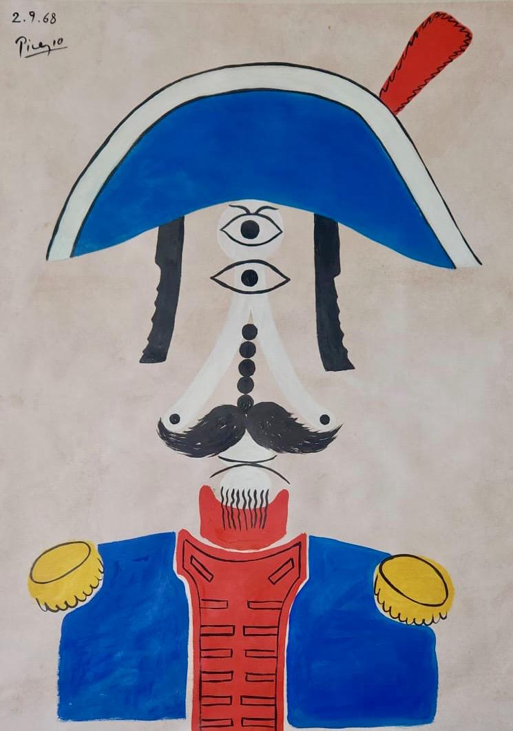 Pablo Picasso Spanish (Oil on Paper Painting) in the style of: Picasso appears in the Upper Left of the painting. Rendered in the cubist style of Pablo Picasso. Technique: Oil on Paper. Measures: 24 x 13 Inches. Provenance:Private Collection Europe Acquired by 19