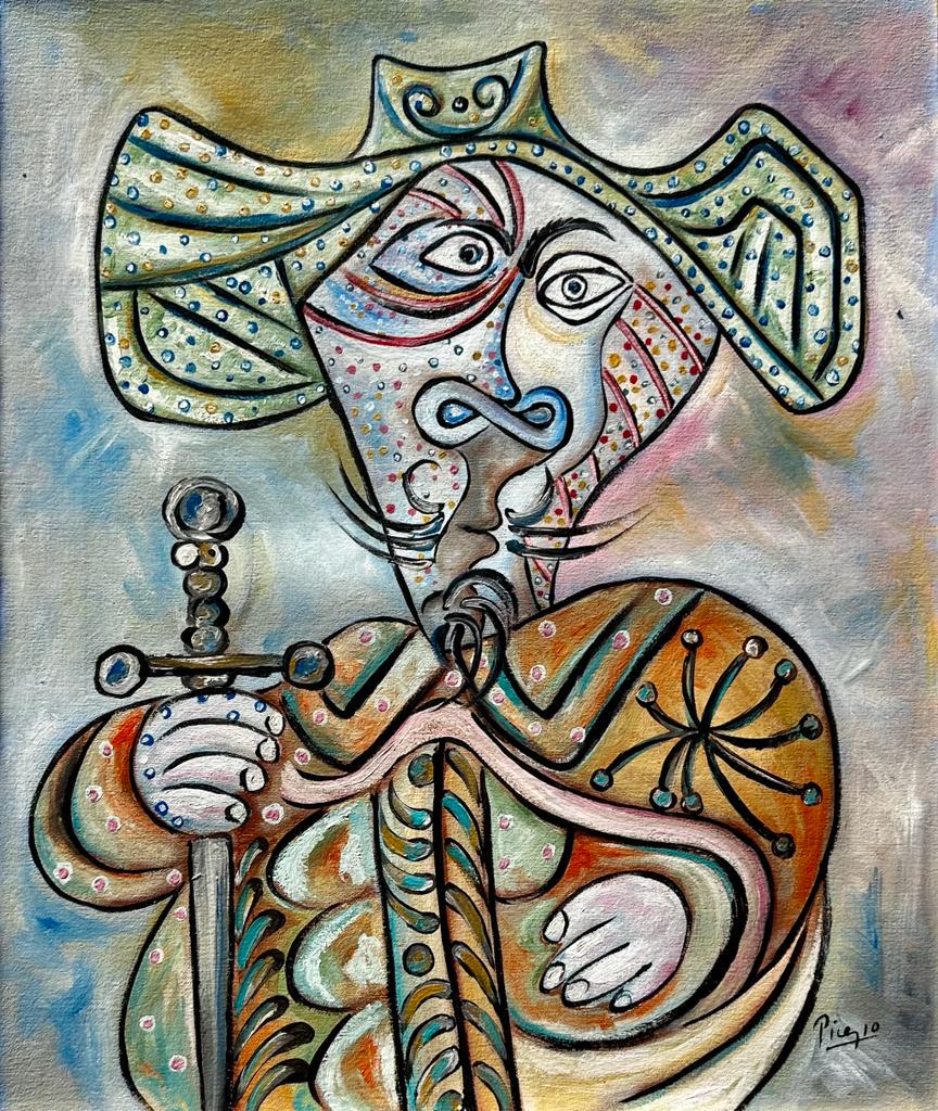 Pablo Picasso Spanish (Oil on Canvas Painting) in the style of: Picasso appears in the Lower Right of the painting. Rendered in the cubist style of Pablo Picasso. Technique: Oil on Canvas. Measures: 18 x 15 Inches. Provenance:Private Collection Spain. This Paintin