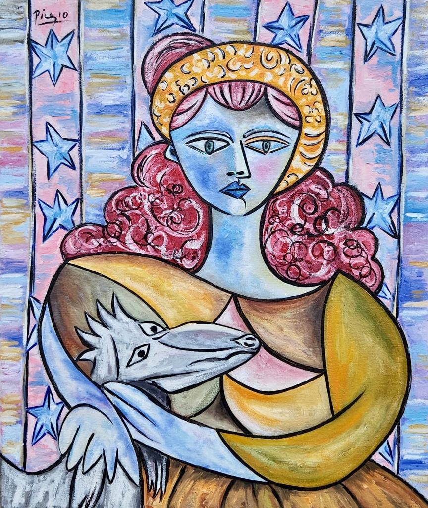 Pablo Picasso Spanish (Oil on Canvas Painting) in the style of: Picasso appears in the Upper Left of the painting. Rendered in the cubist style of Pablo Picasso. Technique: Oil on Canvas. Measures: 13 x 11 Inches. Provenance:Private Collection US Acquired in Europ