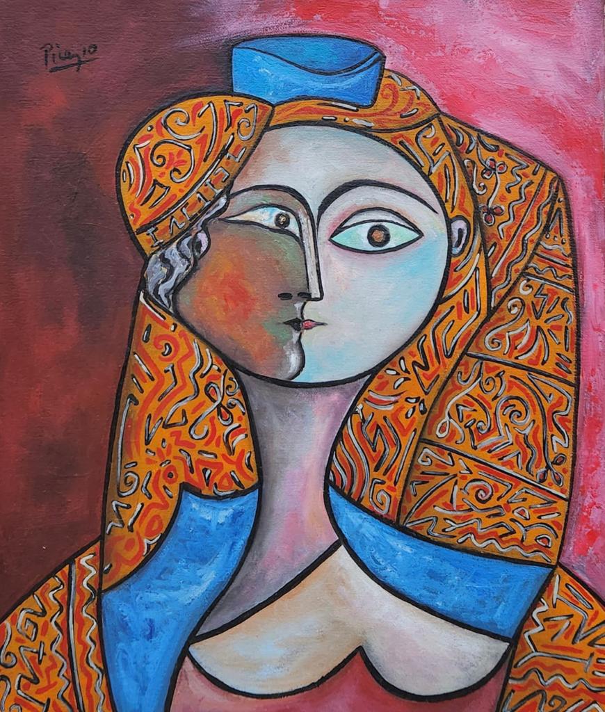 Pablo Picasso Spanish (Oil on Canvas Painting) in the style of: Picasso appears in the Upper Left of the painting. Rendered in the cubist style of Pablo Picasso. Technique: Oil on Canvas. Measures: 12 x 10 Inches. Provenance:Private Collection Ramon Casas Spain. T