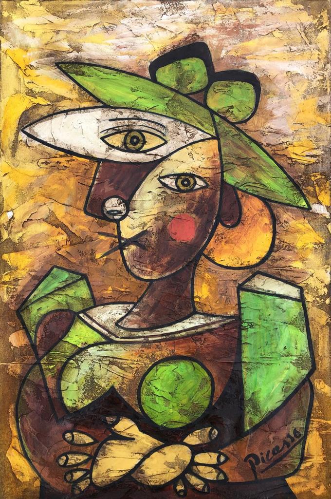 Pablo Picasso Spanish (Oil on Canvas Painting) in the style of: Picasso appears in the Lower Right of the painting. Rendered in the cubist style of Pablo Picasso. Technique: Oil on Canvas. Measures: 23 x 15 Inches. Provenance:Private Collection France Acquired by 