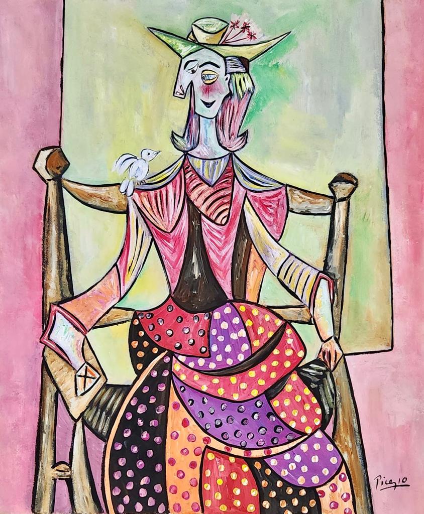 Pablo Picasso Spanish (Gouache on Paper Painting) in the style of: Picasso appears in the Lower Right of the painting. Rendered in the cubist style of Pablo Picasso. Technique: Gouache on Paper Painting. Measures: 15 x 12 1/2 Inches. Provenance:Private Collection Fra