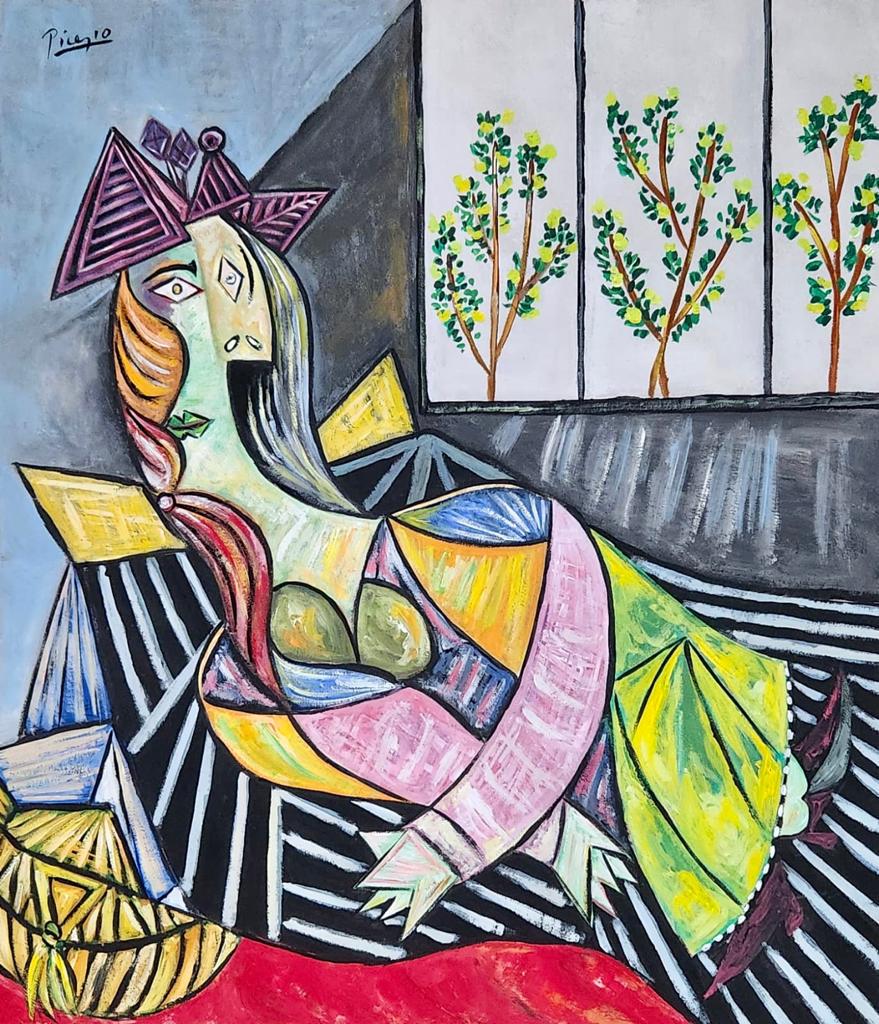 Pablo Picasso Spanish (Gouache on Paper Painting) in the style of: Picasso appears in the Upper Left of the painting. Rendered in the cubist style of Pablo Picasso. Technique: Gouache on Paper Painting. Measures: 16 x 14 Inches. Provenance:Private Collection US Acqui