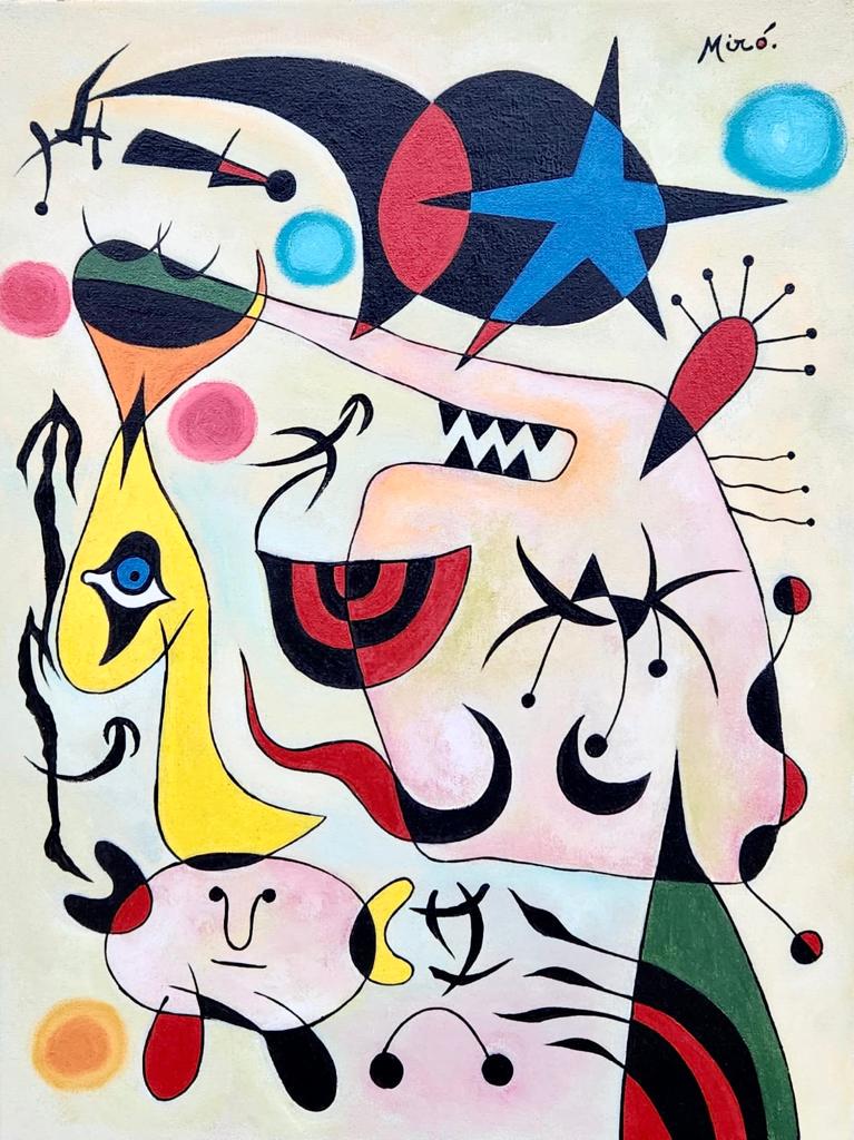 Joan Miro Spanish ( Oil on Canvas Painting ) in the style of: Miro appears in the Upper Right of the painting. Rendered in the surrealist style of Joan Miro. Technique: Oil on Canvas Painting. Measures: 16 x 12 Inches. Provenance: From Mr Aritz Campero , Private