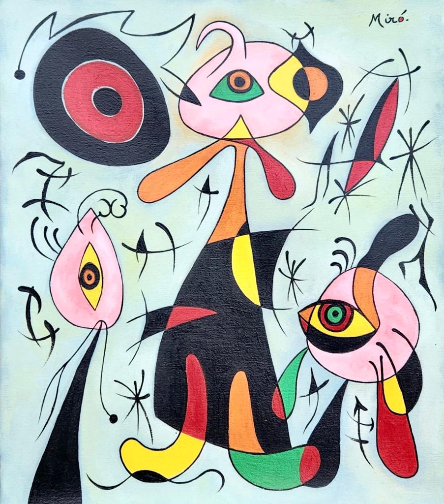 Joan Miro Spanish ( Oil on Canvas Painting ) in the style of: Miro appears in the Upper Right of the painting. Rendered in the surrealist style of Joan Miro. Technique: Oil on Canvas Painting. Measures: 14 x 12 Inches. Provenance: Private Collection Barcelona.A 