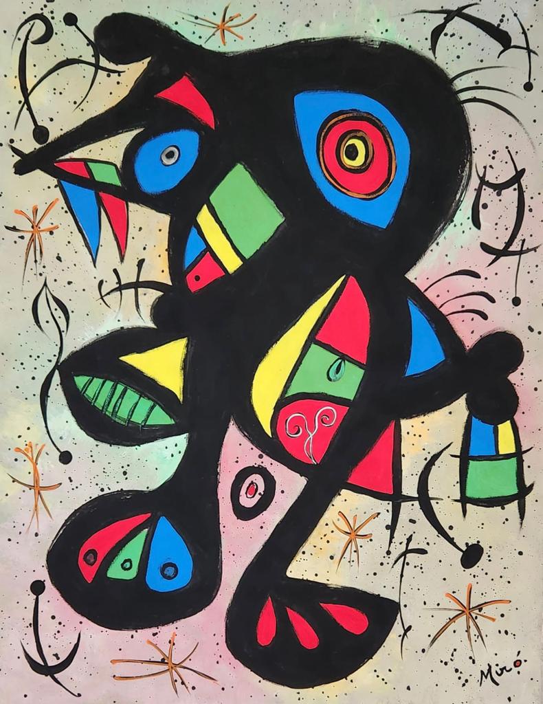 Joan Miro Spanish (Gouache on Paper Painting ) in the style of: Miro appears in the Lower Right of the painting. Rendered in the surrealist style of Joan Miro. Technique: Gouache on Paper Painting. Measures: 15 x 12 Inches. Provenance:Provenance Private collection