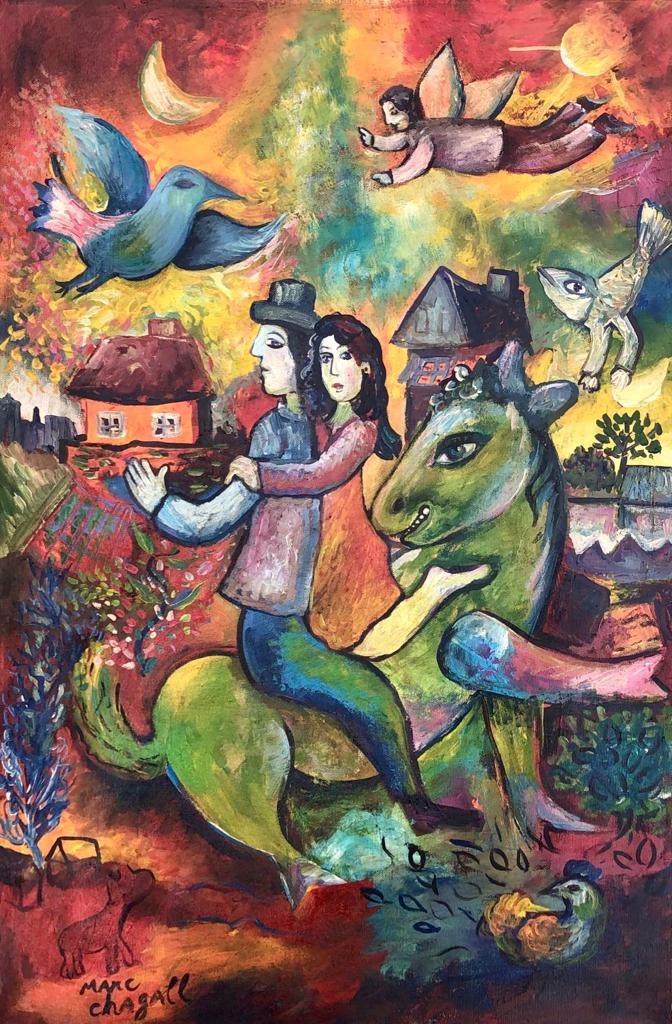 Marc Chagall Russian (Oil on Canvas Painting ) in the style of: Marc Chagall appears in the Lower Left of the painting. Rendered in the Cubist style of Marc Chagall. Technique: Oil on Canvas Painting. Measures: 23 x 15 Inches. Provenance: Private Collection US.A C