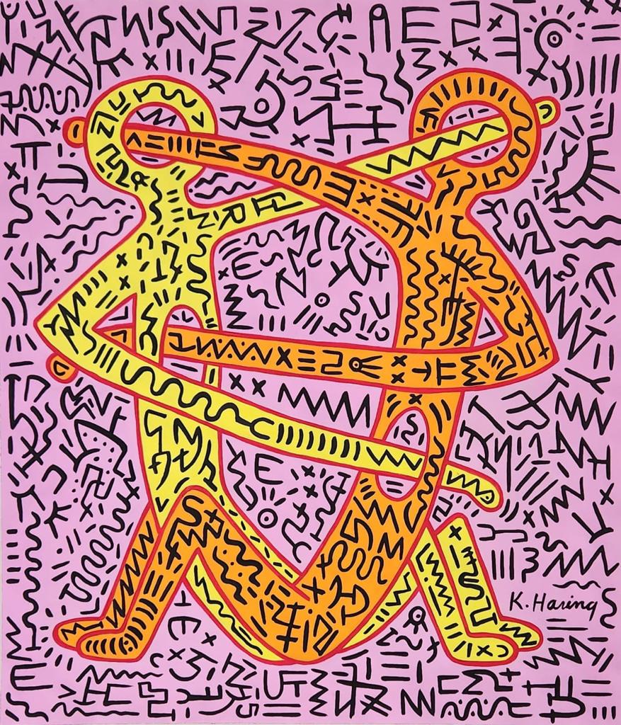 Keith Haring American (Gouache on Paper Painting) in the style of: Keith Haring appears in Lower Right of the painting. Rendered in the style of Keith Haring. Technique: Gouache on Paper Painting. Measures: 14 x 12 Inches. Provenance:Private Collection NY.A Certifica