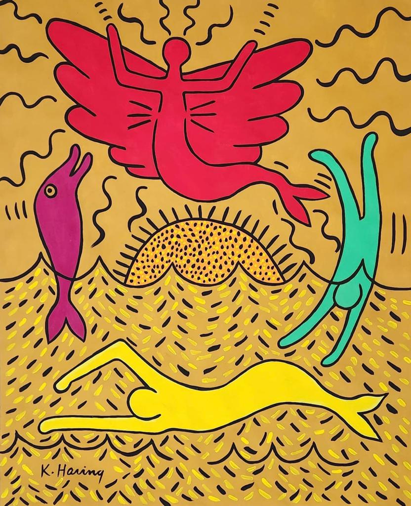 Keith Haring American (Gouache on Paper Painting) in the style of: Keith Haring appears in Lower Left of the painting. Rendered in the style of Keith Haring. Technique: Gouache on Paper Painting. Measures: 15 x 12 Inches. Provenance:Private Collection NY.A Certificat